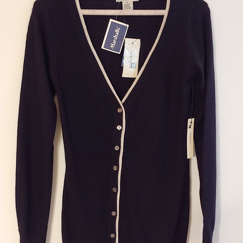 Vertigo Paris Long Sleeve Button Down Black with Cream Trim Sweater